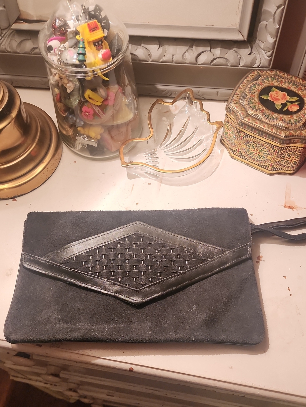 Black Suede Wristlet Clutch with Woven Detail
